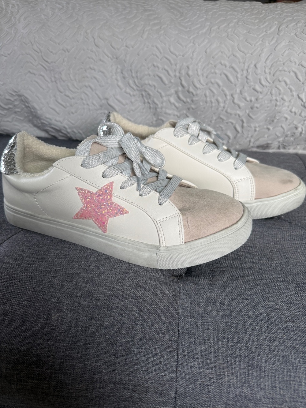 White Sneakers with Pink Star Accent - Women's Casual Shoes